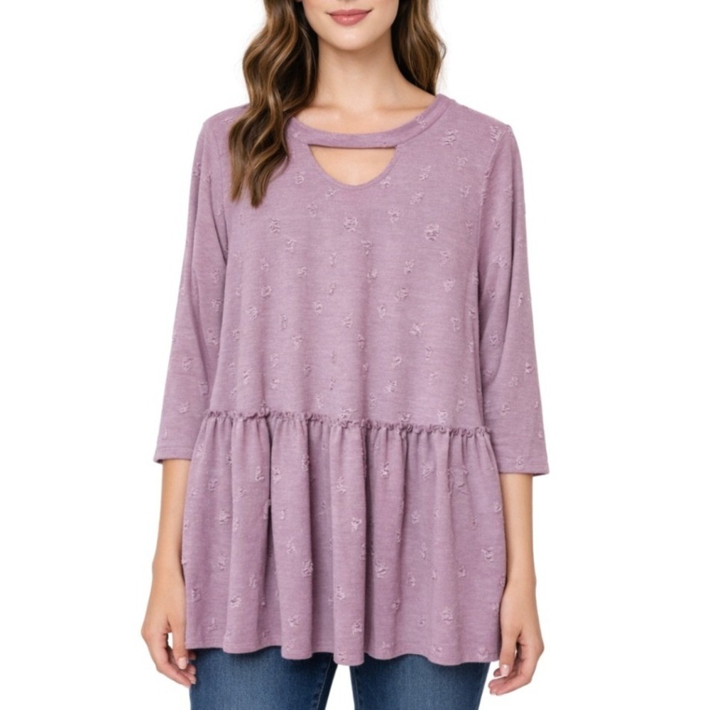 Entro Mauve Purple Eyelash Textured Peplum Babydoll Top Cutout Keyhole Medium‎
